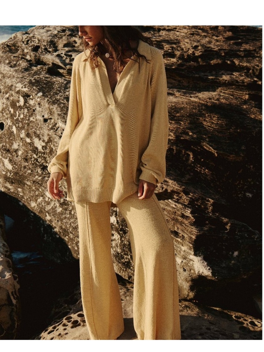 NWT $128 Free People DREA Yellow Knit Flare Pants & Top sz L